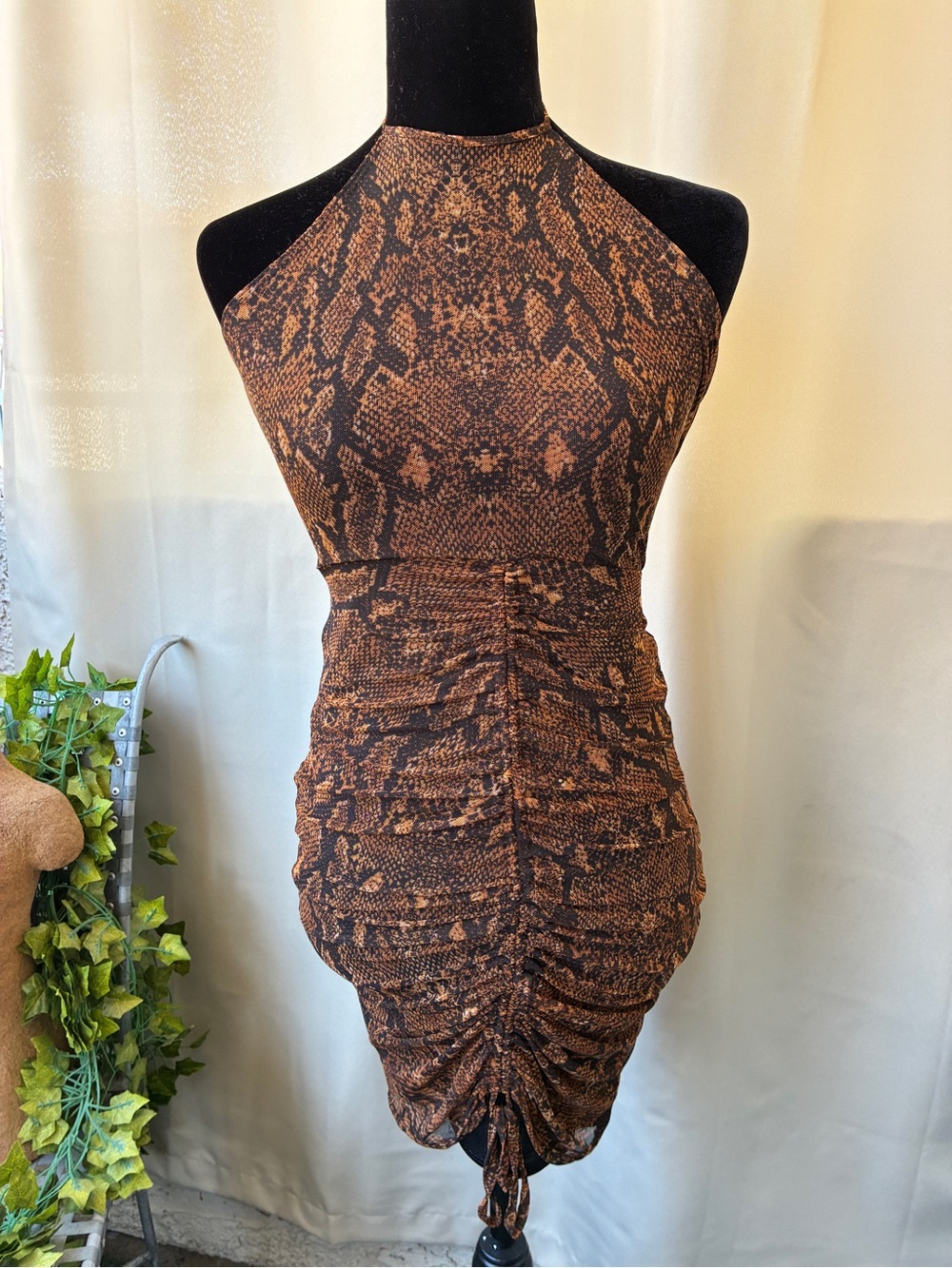 bebe XS Mesh Brown Snakeskin Ruched Mini Halter Dress